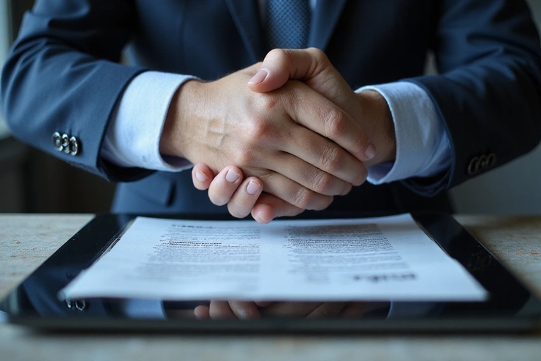 Mani che stringono un contratto con icone di privacy e sicurezza